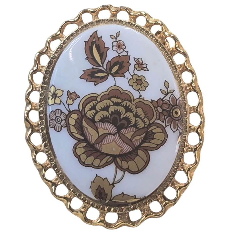 Vintage Cameo Brooch Women's Gold & White Floral Transfer Milk Glass Collectible